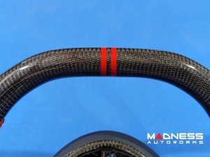 Dodge Hornet Custom Steering Wheel - Carbon Fiber - Flat Top/ Flat Bottom - w/ 2 Red Center Stripes - Perforated Leather